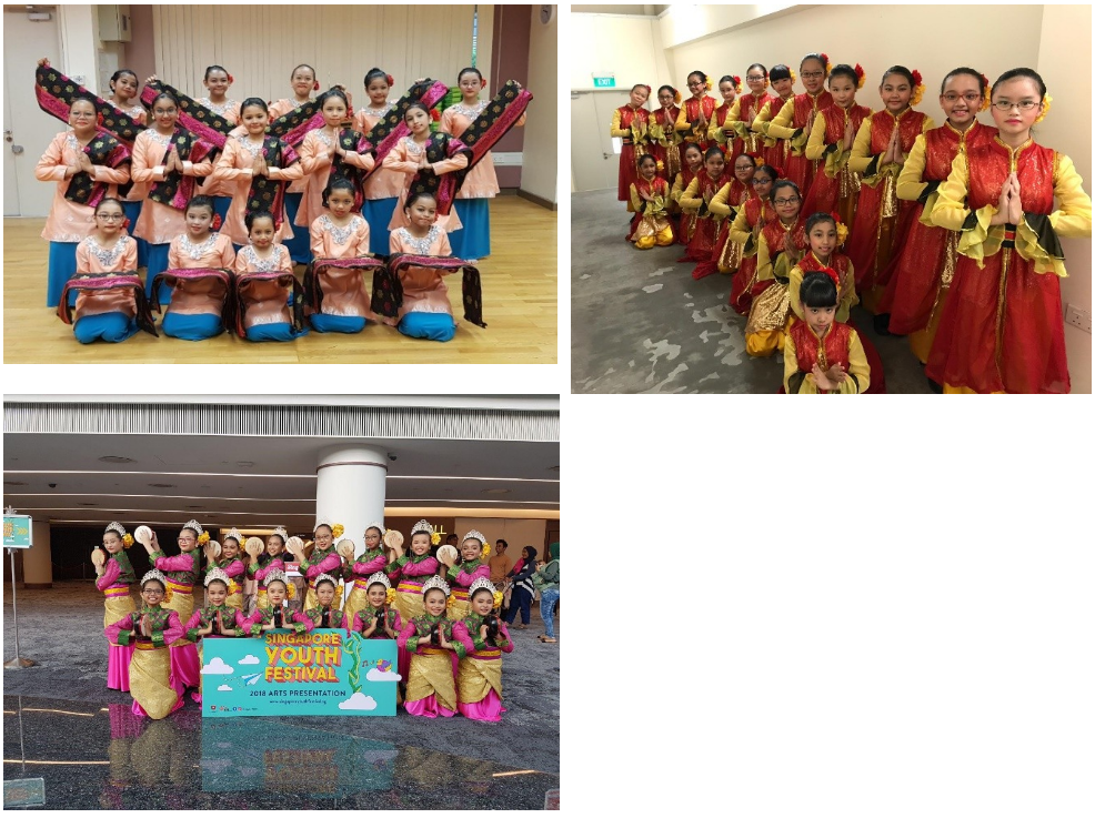 Three groups of young girls in colorful traditional dance costumes pose, one group at the Singapore Youth Festival 2018.